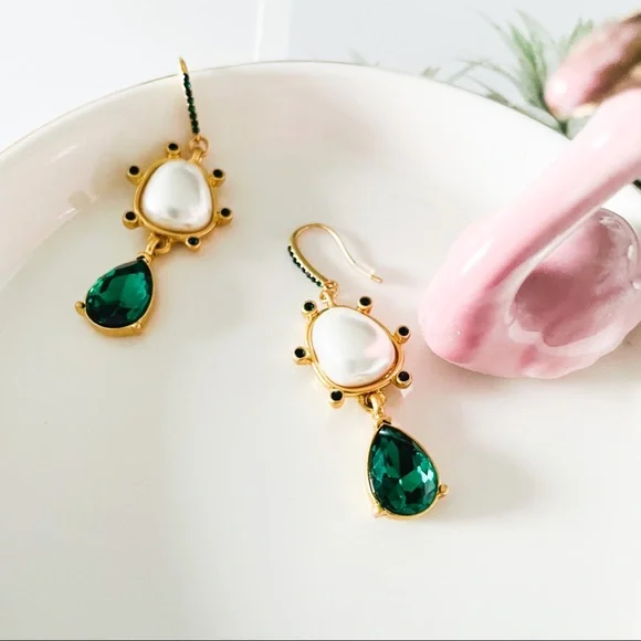 Oscar de la Renta Faux Pearl with Crystal Drop Earrings Green